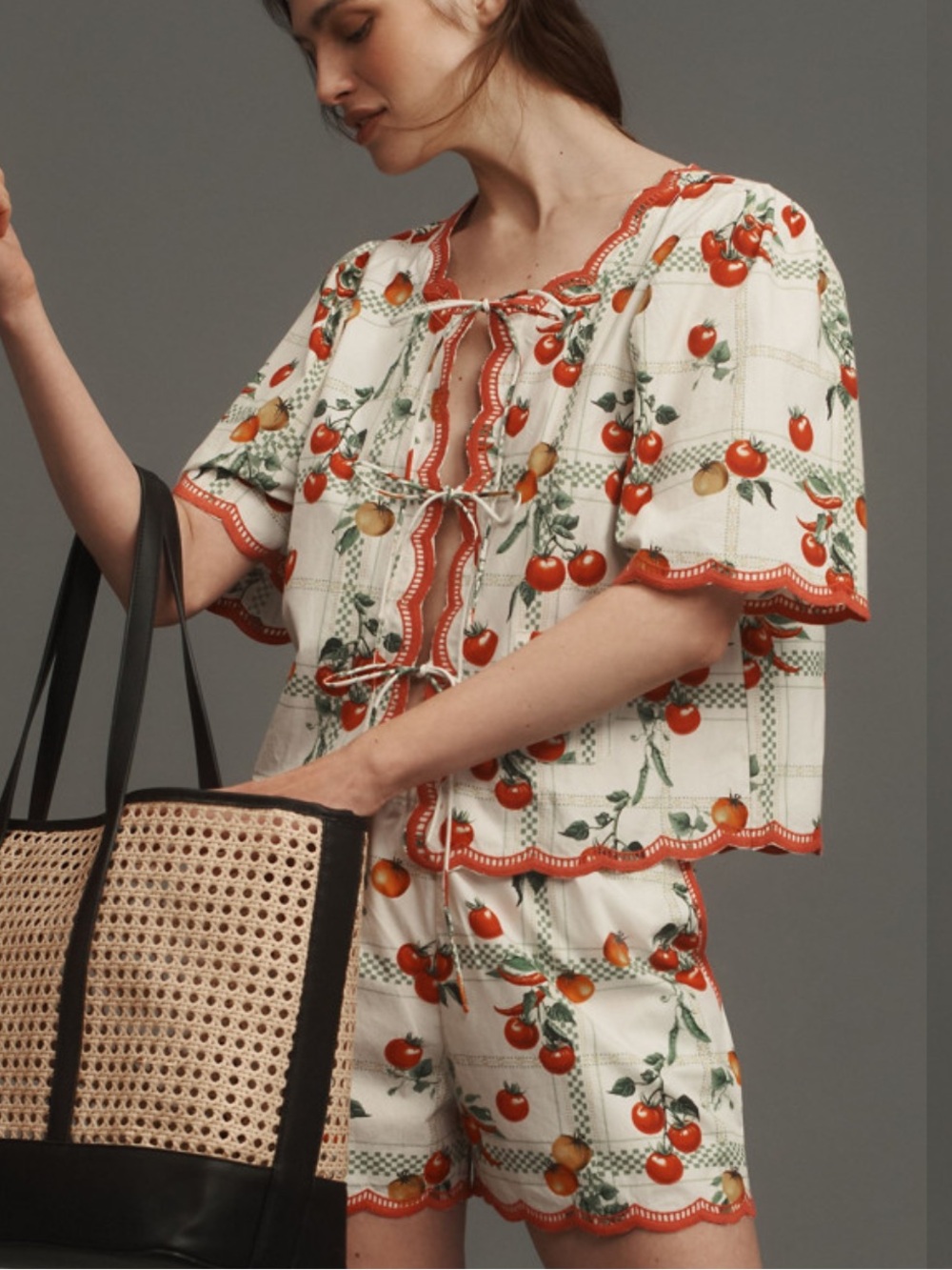 Maeve Veggie Bloom Short-Sleeve Tie-Front Blouse